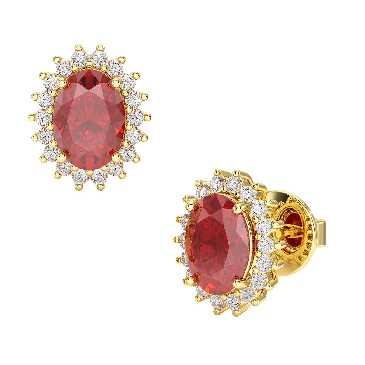 Ruby Sunburst Earrings Yellow Gold Front &amp; Side View