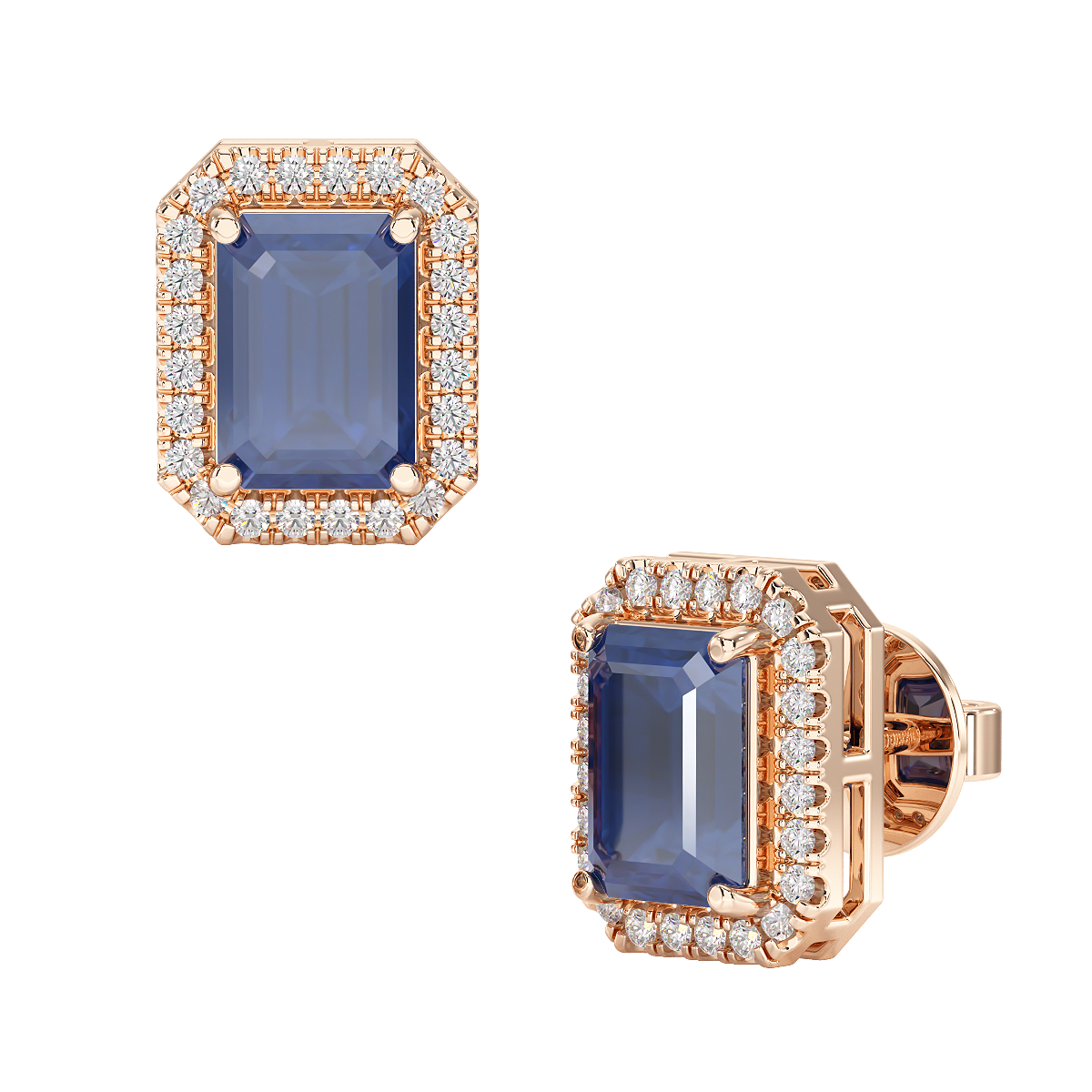 Rectangle Blue Sapphire Halo Earrings Rose Gold Front &amp; Side View