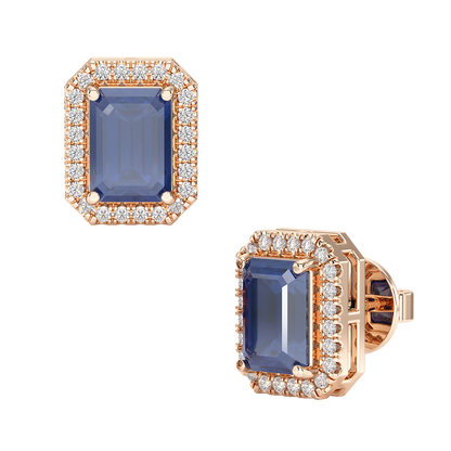 Rectangle Blue Sapphire Halo Earrings Rose Gold Front &amp; Side View