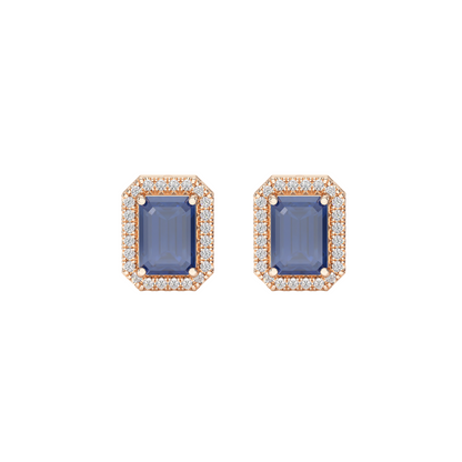 Rectangle Blue Sapphire Halo Earrings Rose Gold Front View