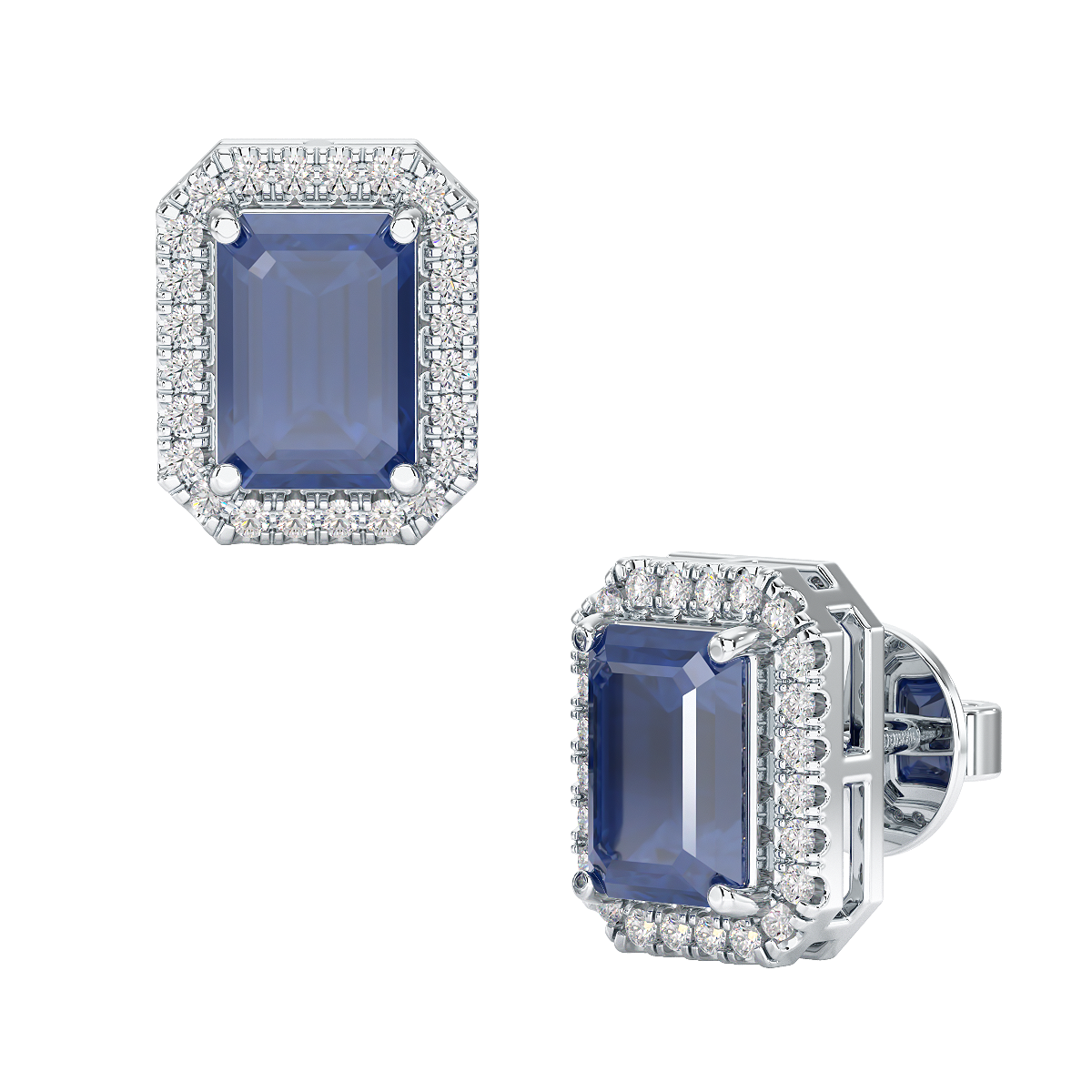 Rectangle Blue Sapphire Halo Earrings White Gold Platinum Front &amp; Side View