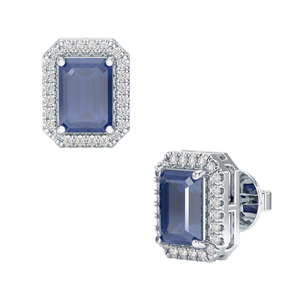 Rectangle Blue Sapphire Halo Earrings White Gold Platinum Front &amp; Side View