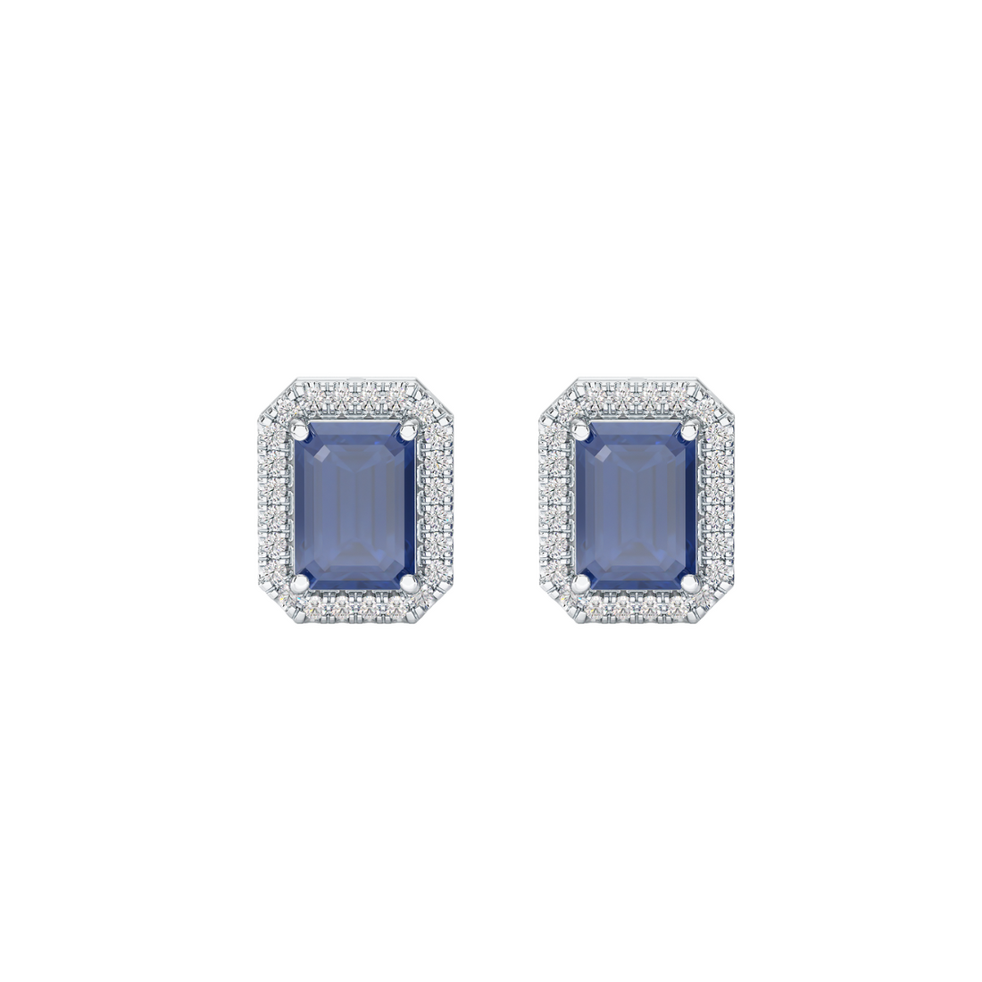 Rectangle Blue Sapphire Halo Earrings White Gold Platinum Front View