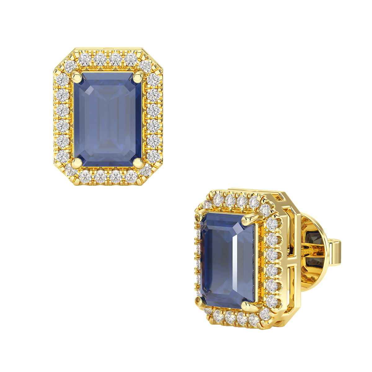 Rectangle Blue Sapphire Halo Earrings Yellow Gold Front &amp; Side View