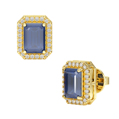 Rectangle Blue Sapphire Halo Earrings Yellow Gold Front &amp; Side View