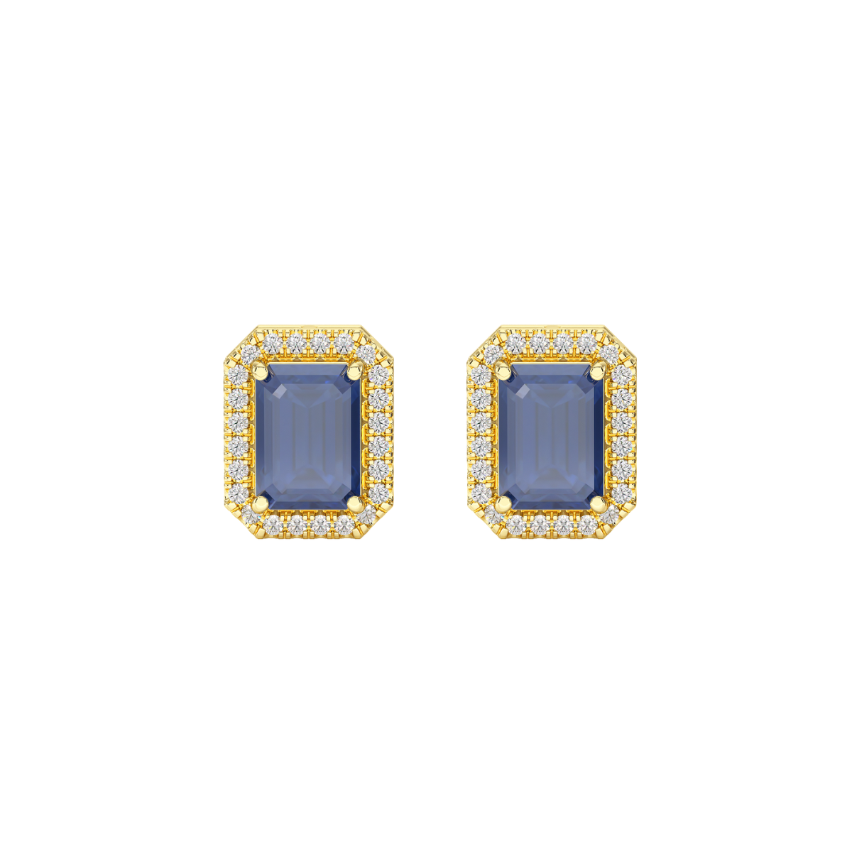 Rectangle Blue Sapphire Halo Earrings Yellow Gold Front View