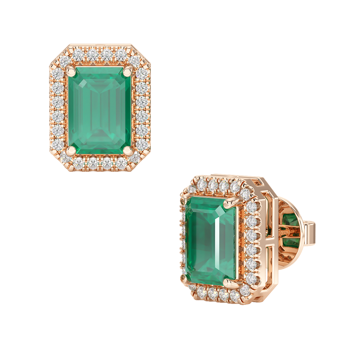 Rectangle Emerald Halo Earrings Rose Gold Front &amp; Side View