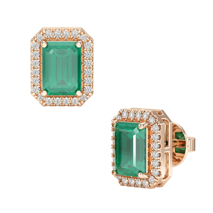 Rectangle Emerald Halo Earrings Rose Gold Front &amp; Side View