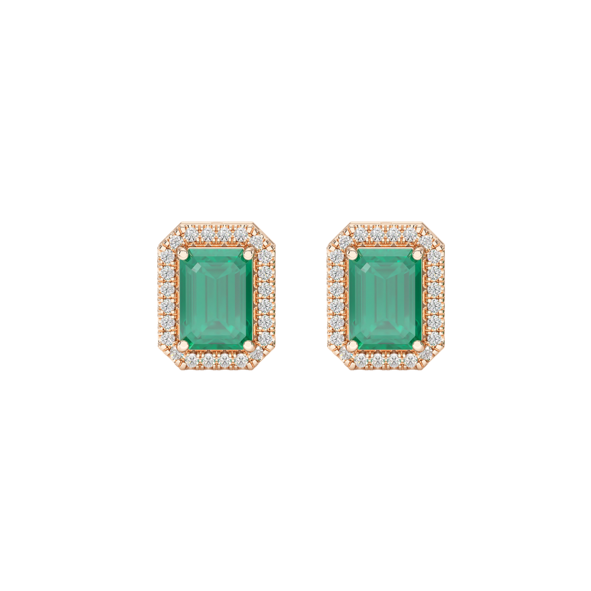 Rectangle Emerald Halo Earrings Rose Gold Front View