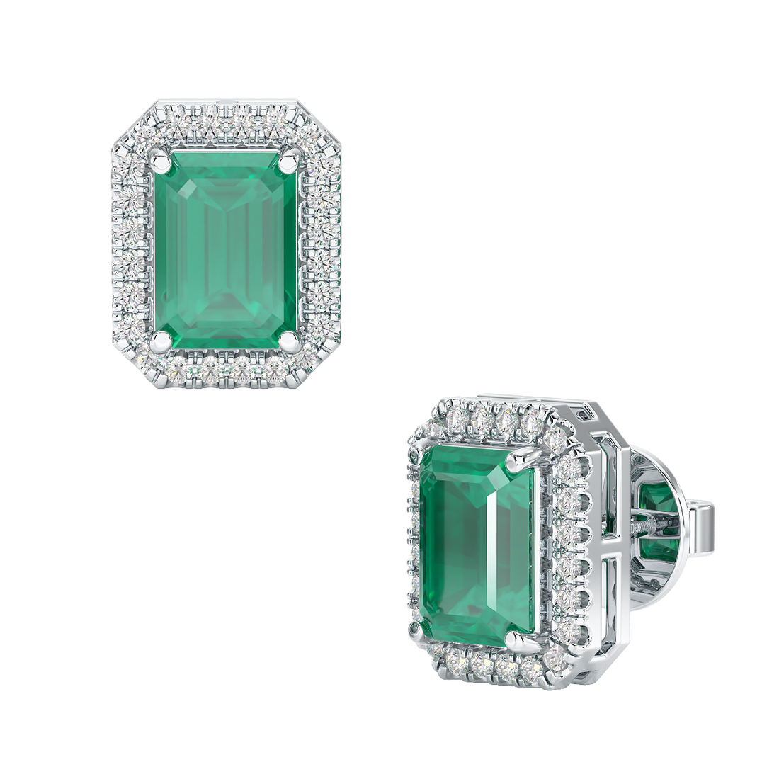 Rectangle Emerald Halo Earrings White Gold Platinum Front &amp; Side View