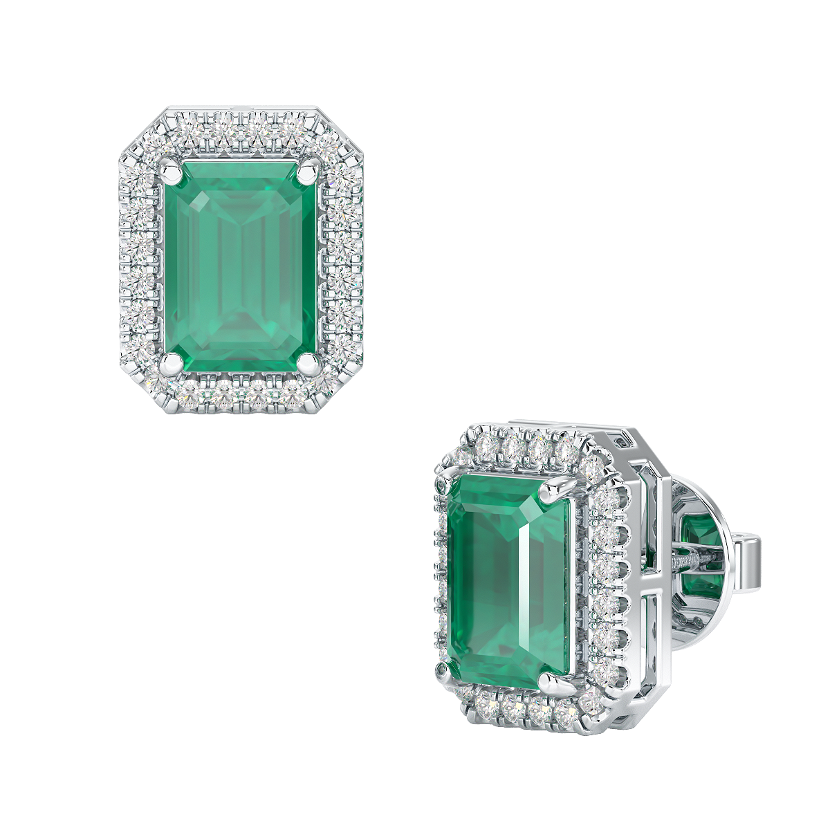 Rectangle Emerald Halo Earrings White Gold Platinum Front &amp; Side View