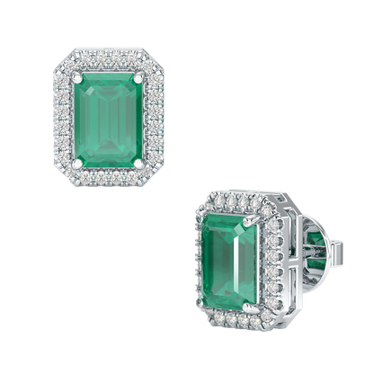 Rectangle Emerald Halo Earrings White Gold Platinum Front &amp; Side View