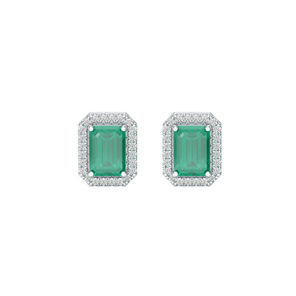 Rectangle Emerald Halo Earrings White Gold Platinum Front View