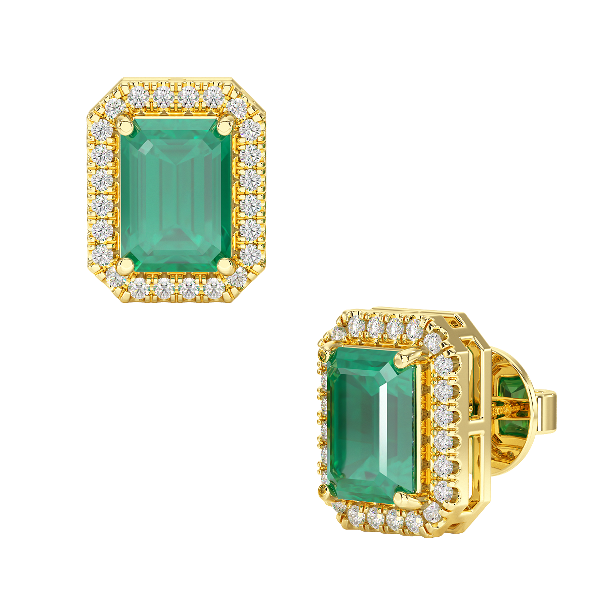 Rectangle Emerald Halo Earrings Yellow Gold Front &amp; Side View