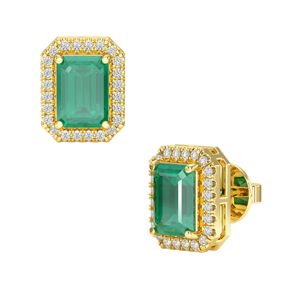 Rectangle Emerald Halo Earrings Yellow Gold Front &amp; Side View