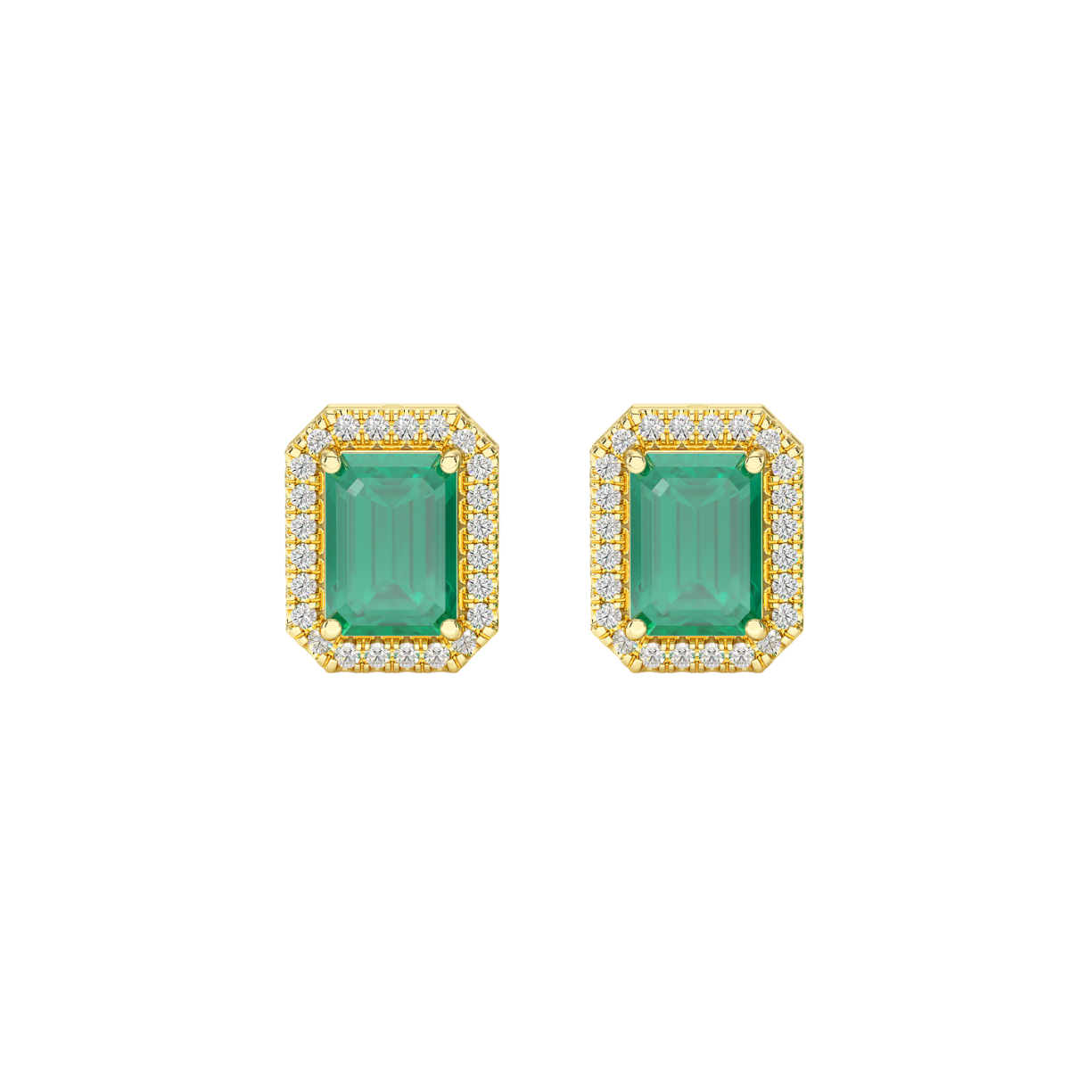 Rectangle Emerald Halo Earrings Yellow Gold Front View