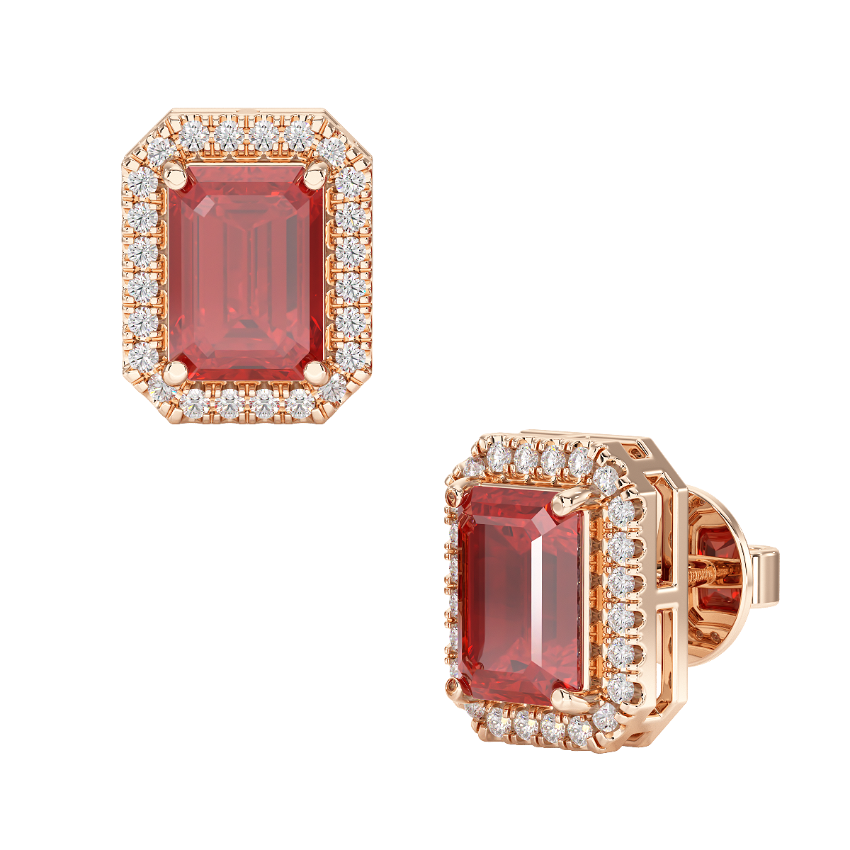 Rectangle Ruby Halo Earrings Rose Gold Front &amp; Side View