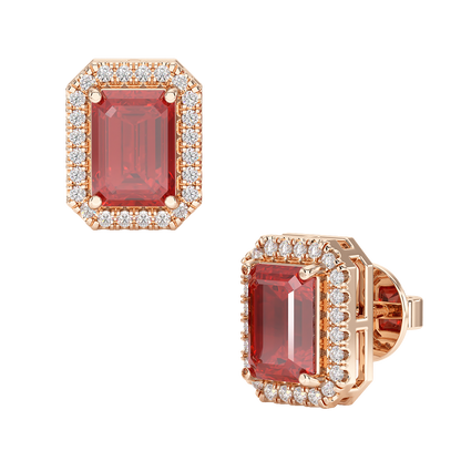 Rectangle Ruby Halo Earrings Rose Gold Front &amp; Side View