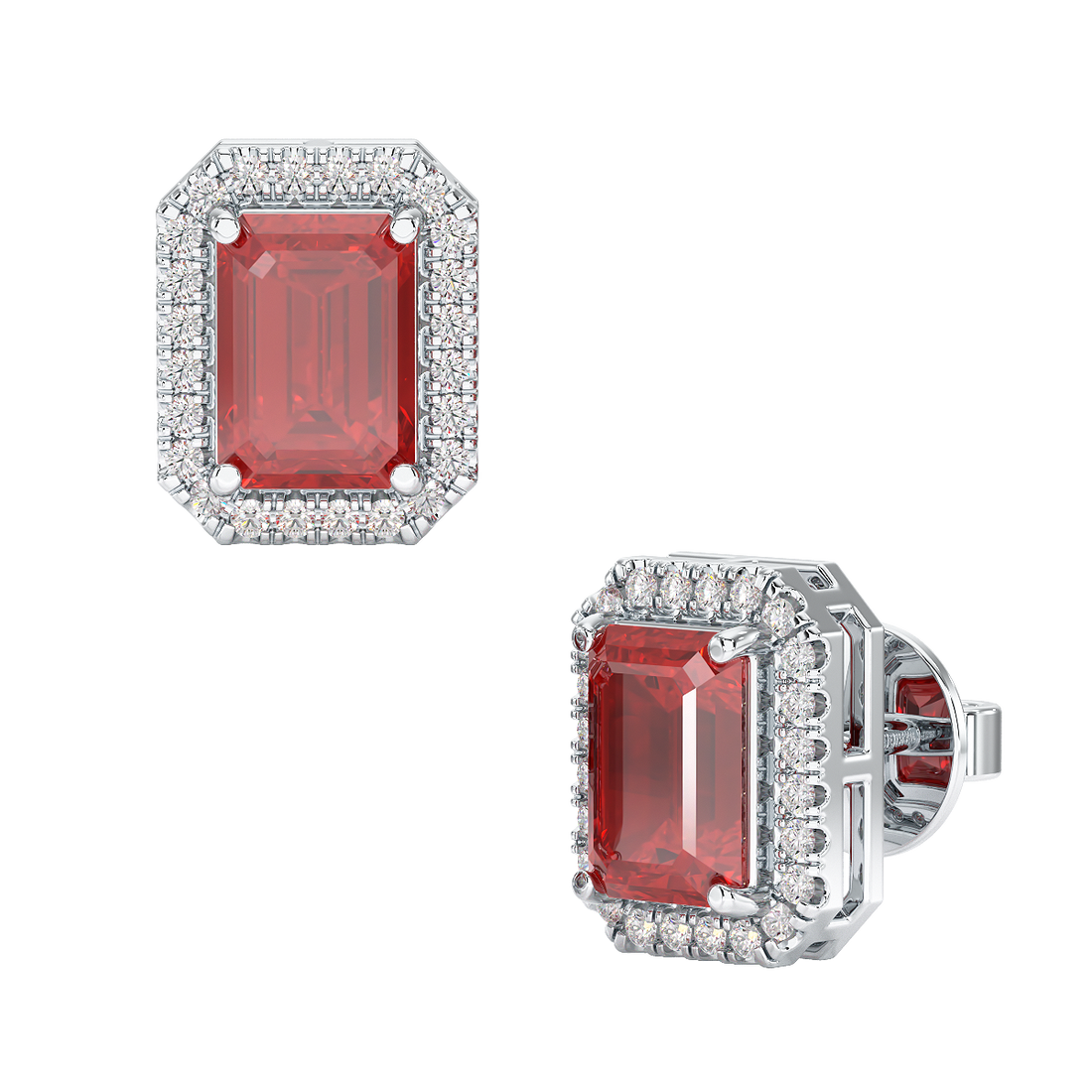 Rectangle Ruby Halo Earrings White Gold Platinum Front &amp; Side View