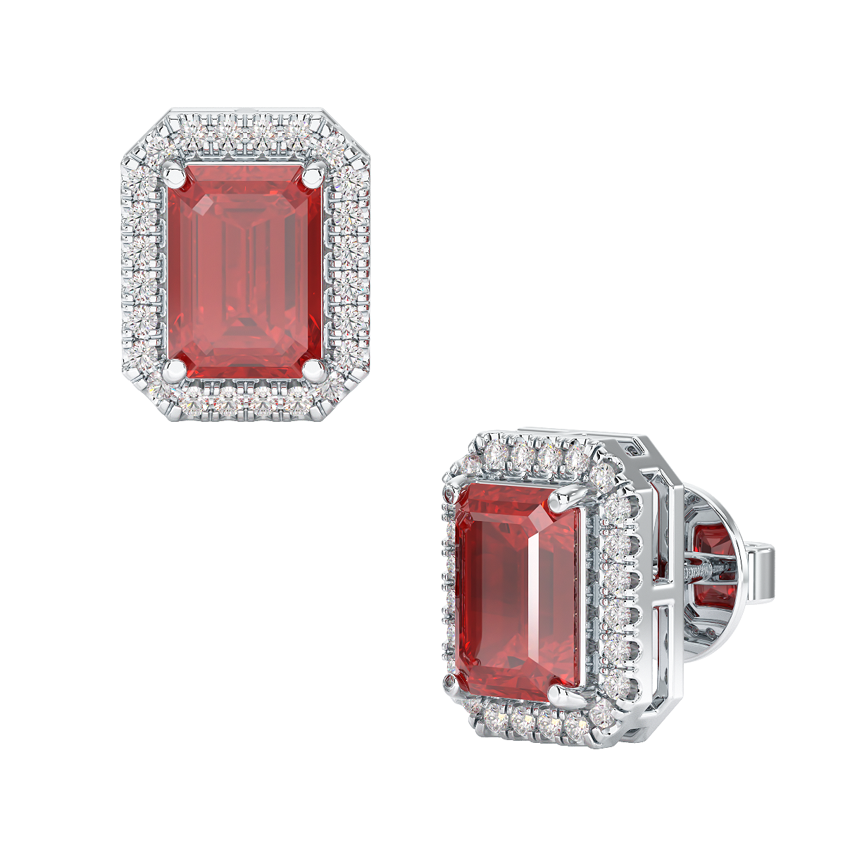 Rectangle Ruby Halo Earrings White Gold Platinum Front &amp; Side View