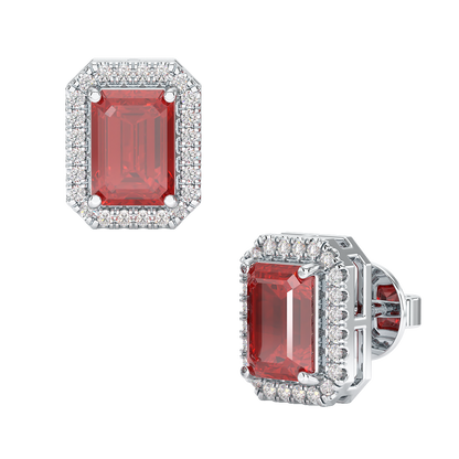 Rectangle Ruby Halo Earrings White Gold Platinum Front &amp; Side View