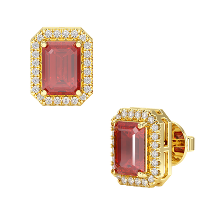 Rectangle Ruby Halo Earrings Yellow Gold Front &amp; Side View