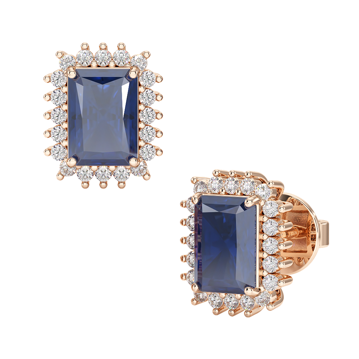 Rectangle Blue Sapphire Sunburst Earrings Rose Gold Front &amp; Side View