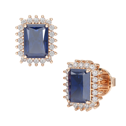 Rectangle Blue Sapphire Sunburst Earrings Rose Gold Front &amp; Side View