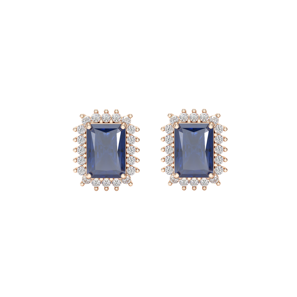 Rectangle Blue Sapphire Sunburst Earrings Rose Gold Front View