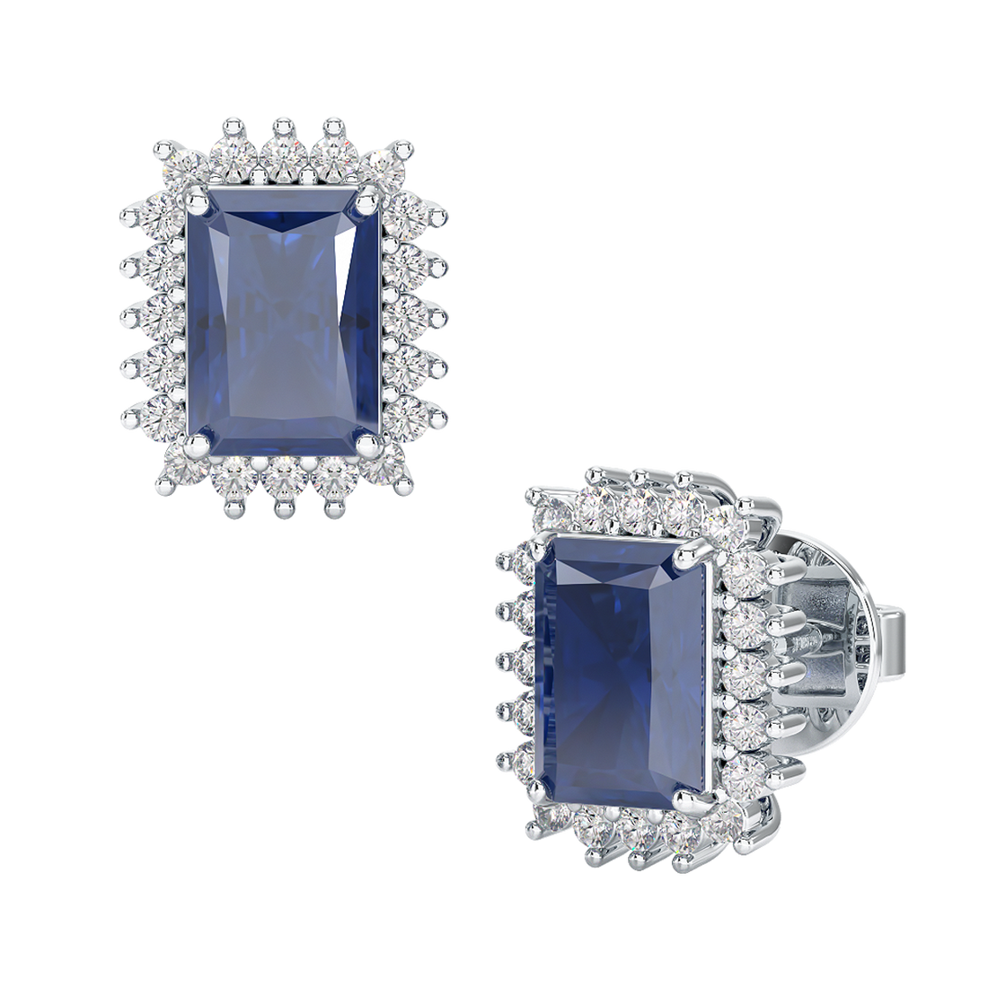 Rectangle Blue Sapphire Sunburst Earrings White Gold Platinum Front &amp; Side View