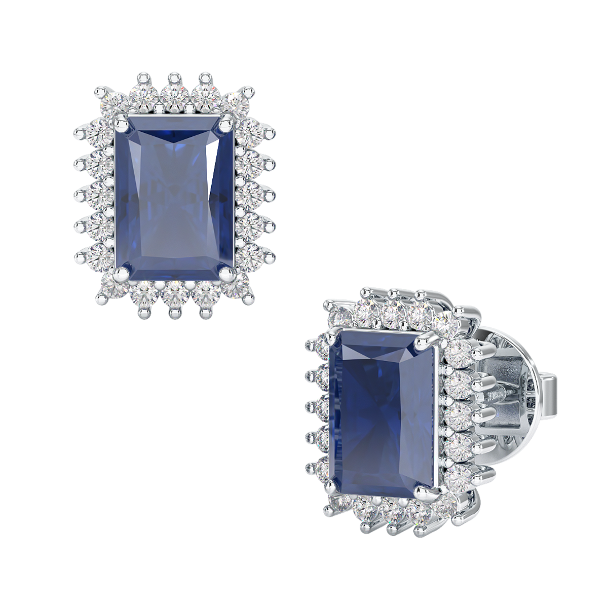 Rectangle Blue Sapphire Sunburst Earrings White Gold Platinum Front &amp; Side View