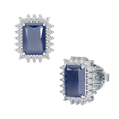 Rectangle Blue Sapphire Sunburst Earrings White Gold Platinum Front &amp; Side View