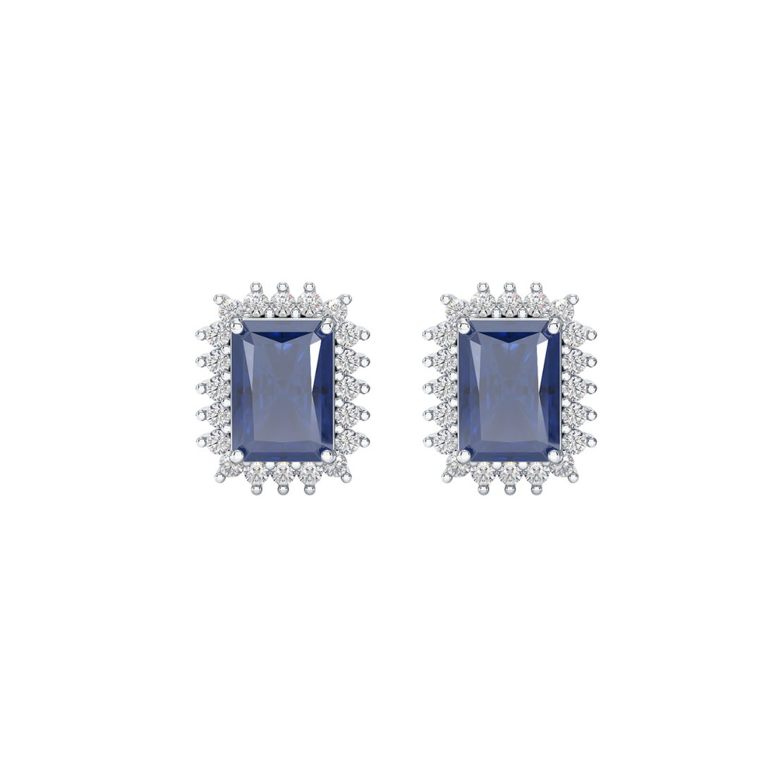 Rectangle Blue Sapphire Sunburst Earrings White Gold Platinum Front View