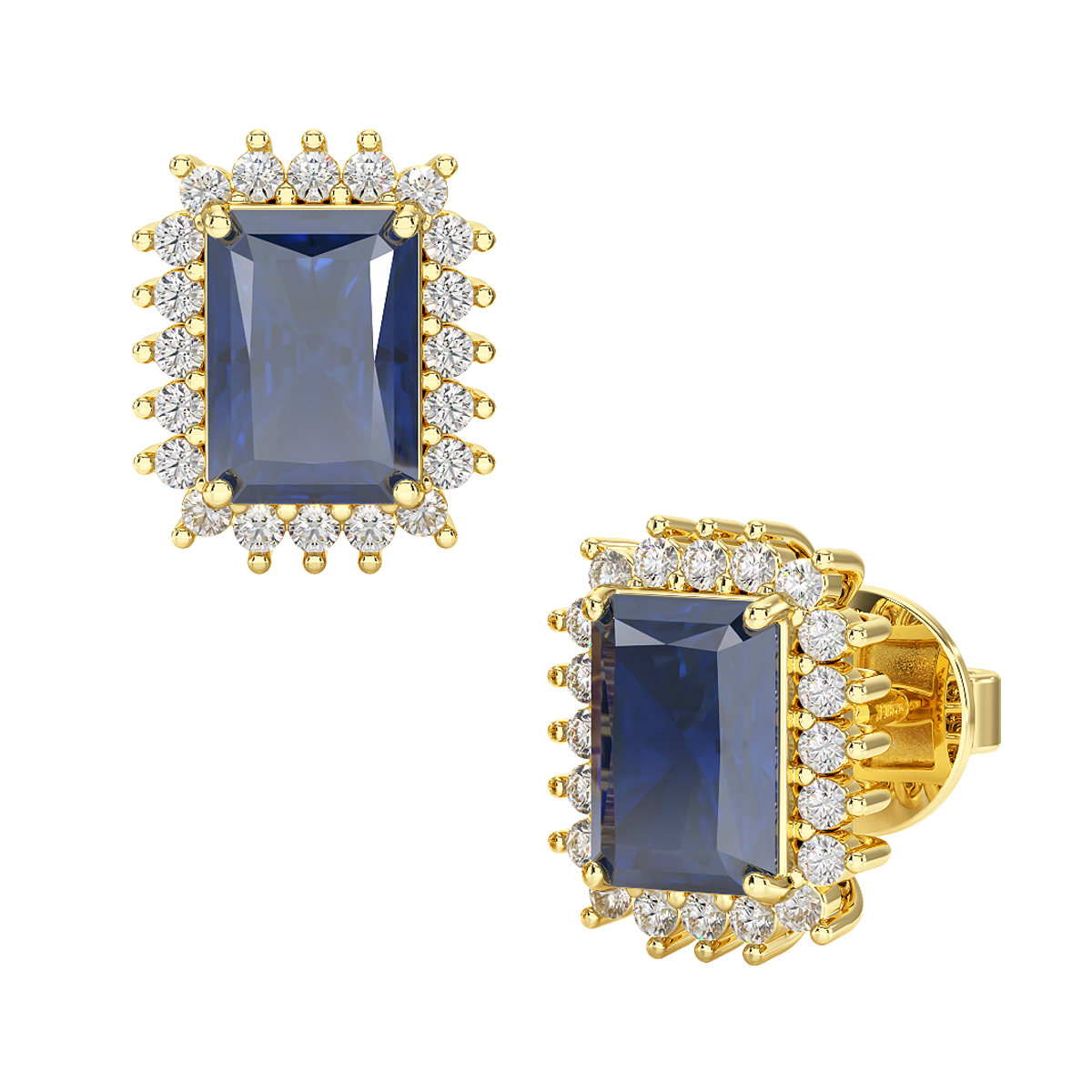 Rectangle Blue Sapphire Sunburst Earrings Yellow Gold Front &amp; Side View