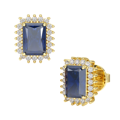 Rectangle Blue Sapphire Sunburst Earrings Yellow Gold Front &amp; Side View