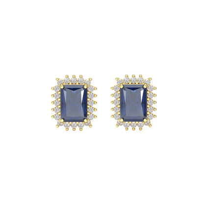 Rectangle Blue Sapphire Sunburst Earrings Yellow Gold Front View