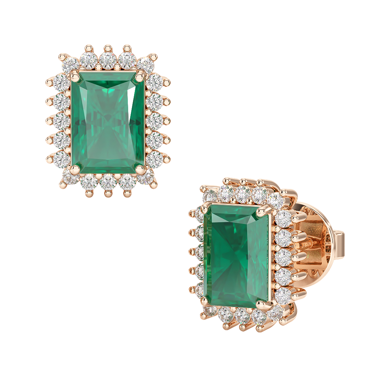 Rectangle Emerald Sunburst Earrings Rose Gold Front &amp; Side View