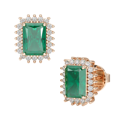 Rectangle Emerald Sunburst Earrings Rose Gold Front &amp; Side View