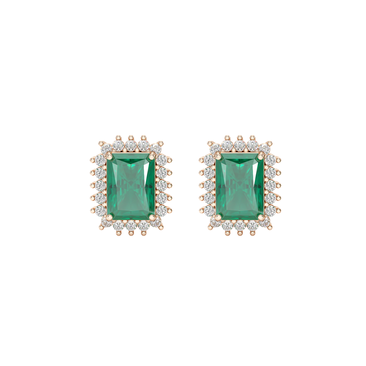 Rectangle Emerald Sunburst Earrings Rose Gold Front View