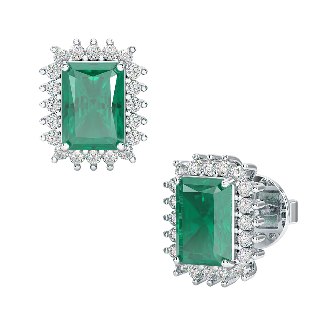 Rectangle Emerald Sunburst Earrings White Gold Platinum Front &amp; Side View