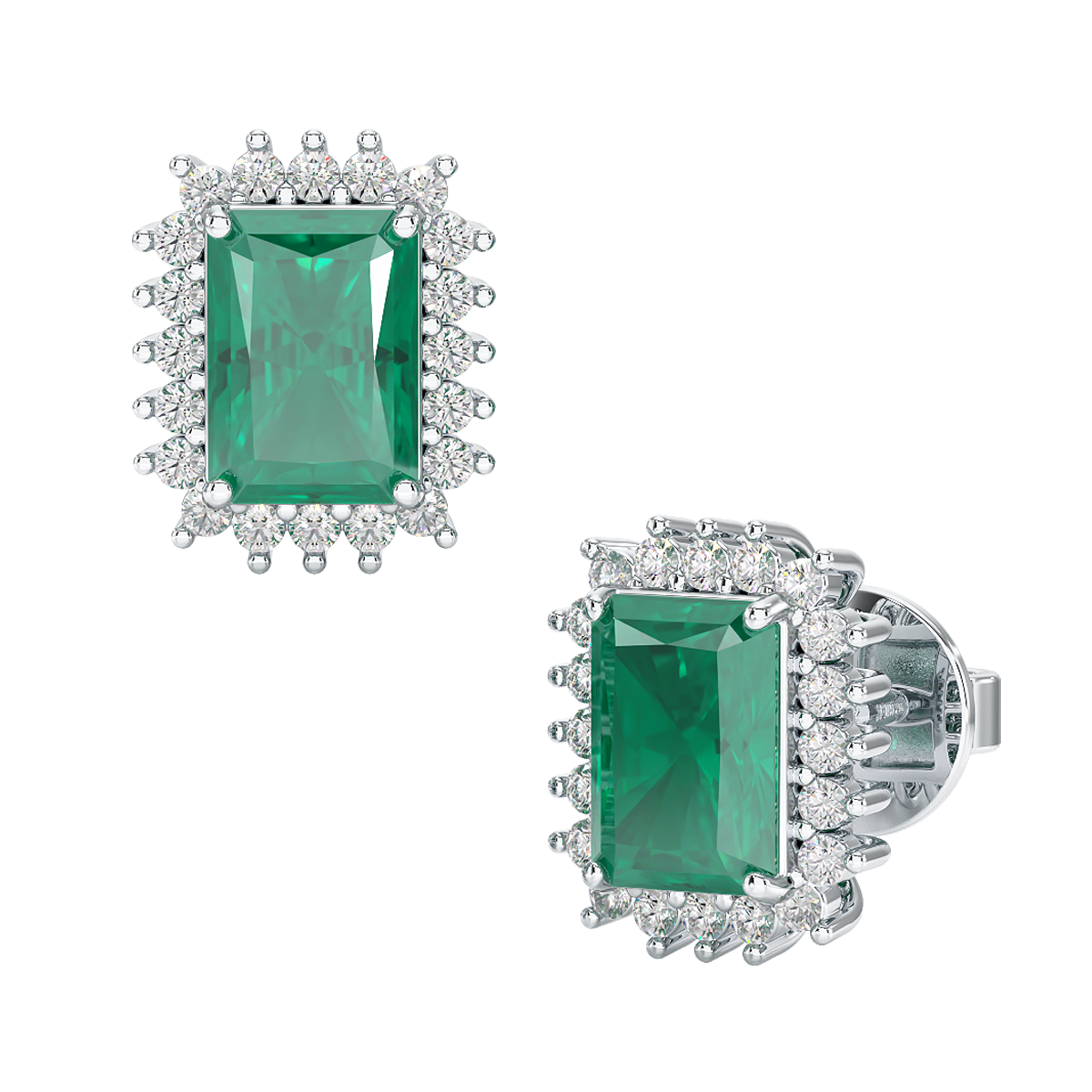 Rectangle Emerald Sunburst Earrings White Gold Platinum Front &amp; Side View