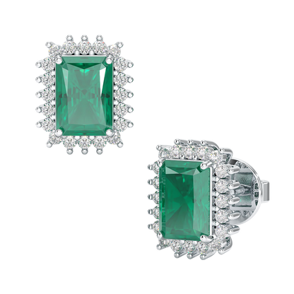 Rectangle Emerald Sunburst Earrings White Gold Platinum Front &amp; Side View