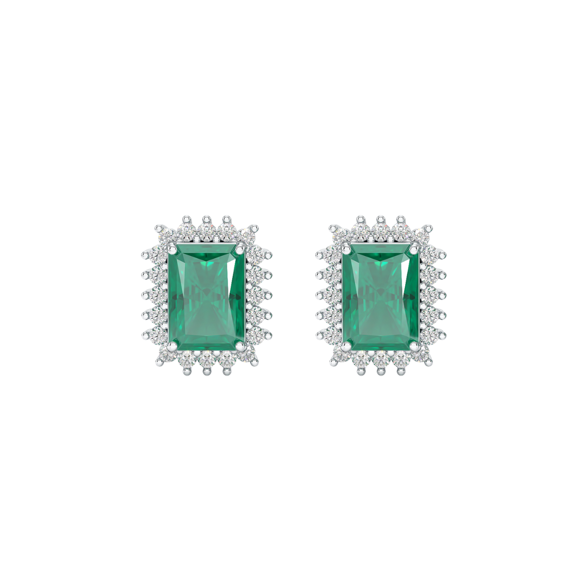 Rectangle Emerald Sunburst Earrings White Gold Platinum Front View