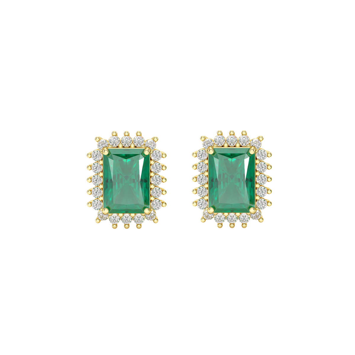 Rectangle Emerald Sunburst Earrings Yellow Gold Front View