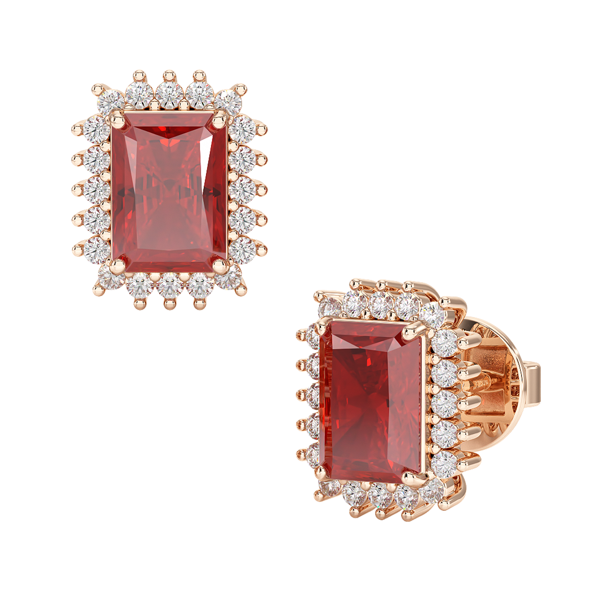 Rectangle Ruby Sunburst Earrings Rose Gold Front &amp; Side View