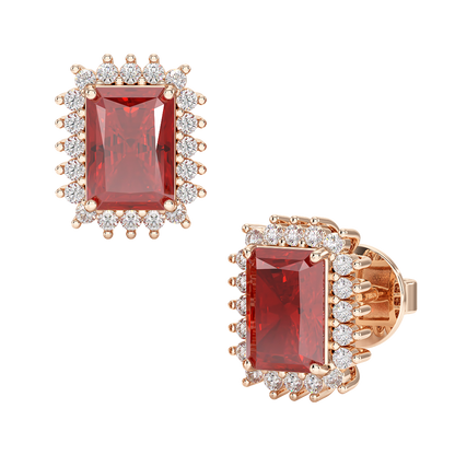 Rectangle Ruby Sunburst Earrings Rose Gold Front &amp; Side View