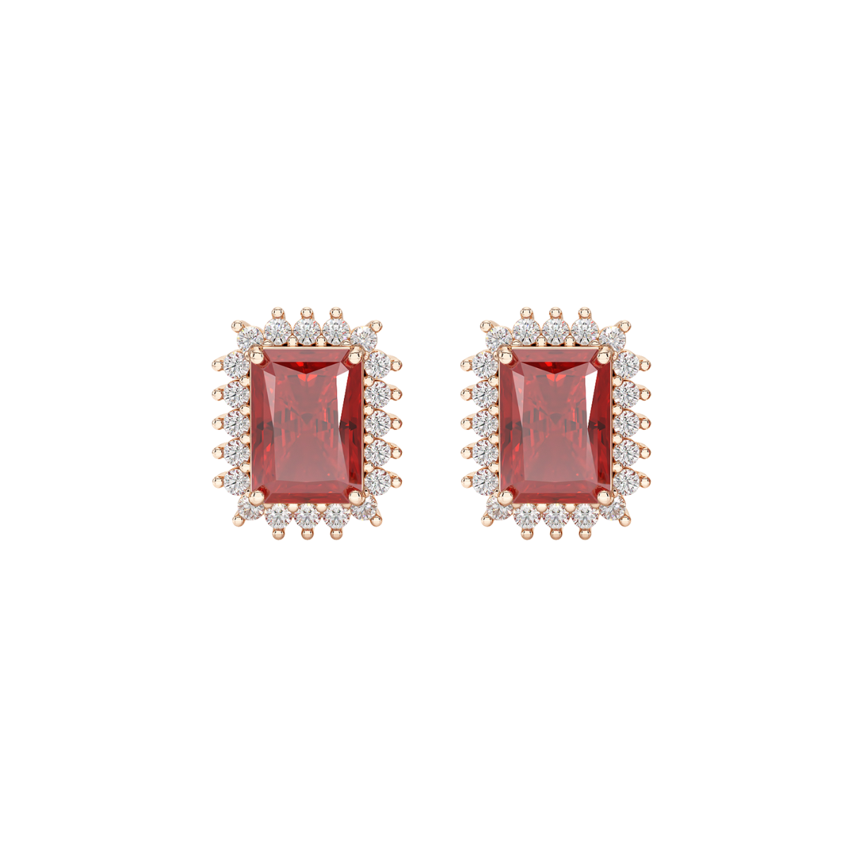 Rectangle Ruby Sunburst Earrings Rose Gold Front View