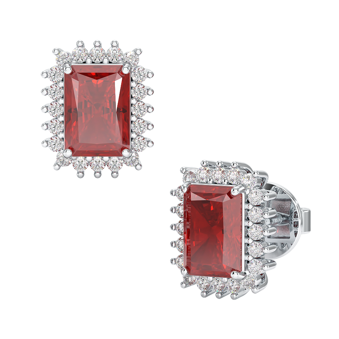 Rectangle Ruby Sunburst Earrings White Gold Platinum Front &amp; Side View