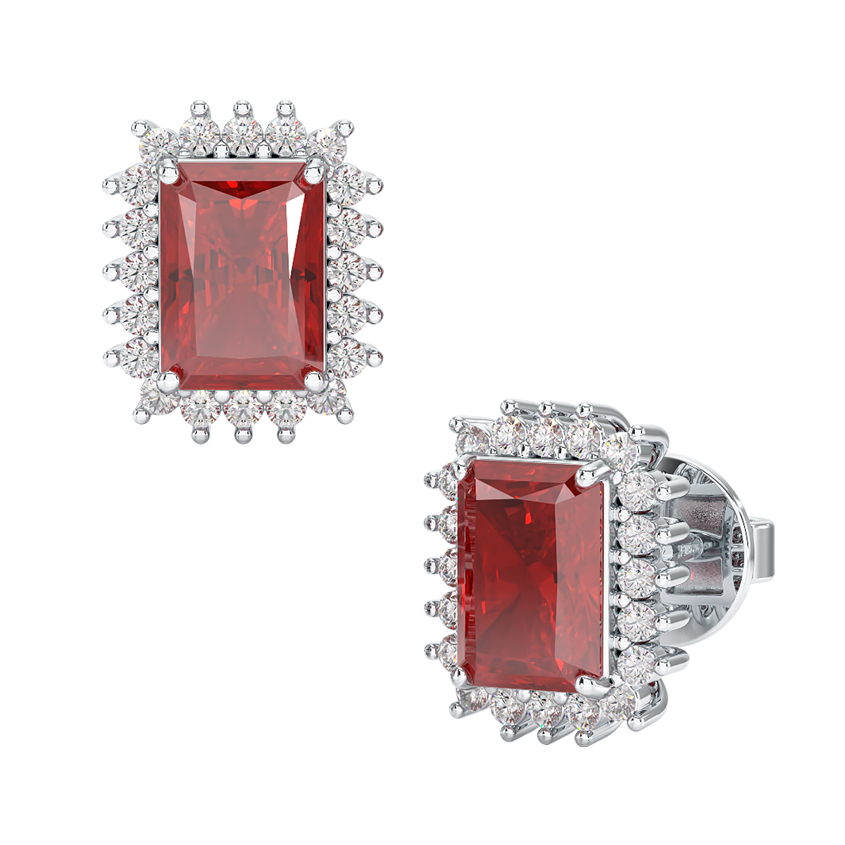 Rectangle Ruby Sunburst Earrings White Gold Platinum Front &amp; Side View