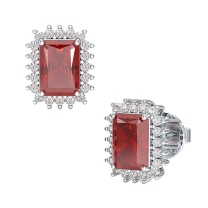 Rectangle Ruby Sunburst Earrings White Gold Platinum Front &amp; Side View